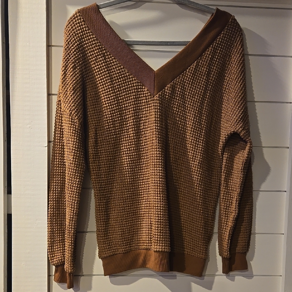 Womens Waffle Knit Deep V-Neck Sweater